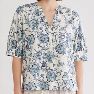 Caslon Blue and White Floral Blouse Linen Blend size XXL